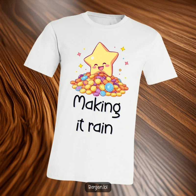 Funny t-shirt illustrating a star character gleefully diving into a pile of colorful, shimmering coins, conveying excitement and joyous abundance.
