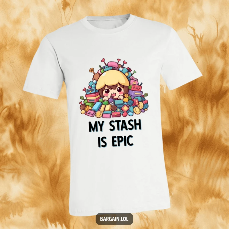 Funny T-Shirt: Character peeking from behind a mountain of colorful second-hand treasures, highlighting thrifting.