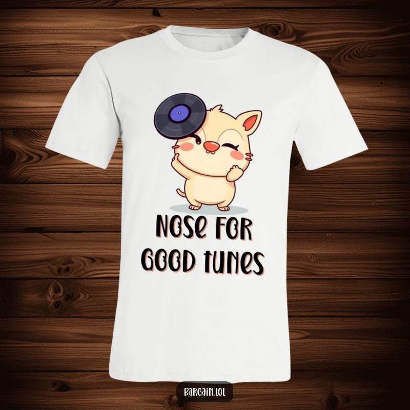 Funny T-Shirt: A winking, mischievous creature balances a stack of vinyl records on its nose, celebrating the joy of music.