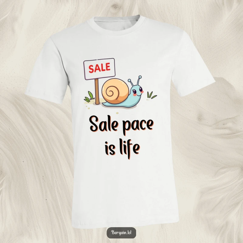 Funny Kawaii snail t-shirt depicting a snail happily rolling towards a sale sign, perfect for bargain hunters.