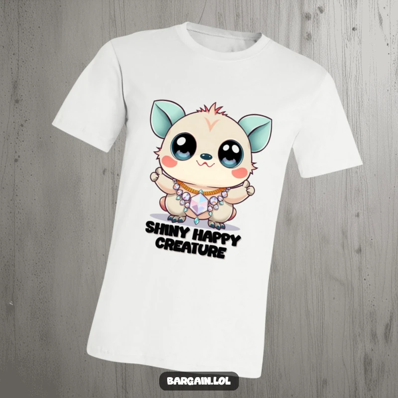 Funny t-shirt depicting a creature with enormous googly eyes triumphantly clutching a sparkly, inexpensive necklace.