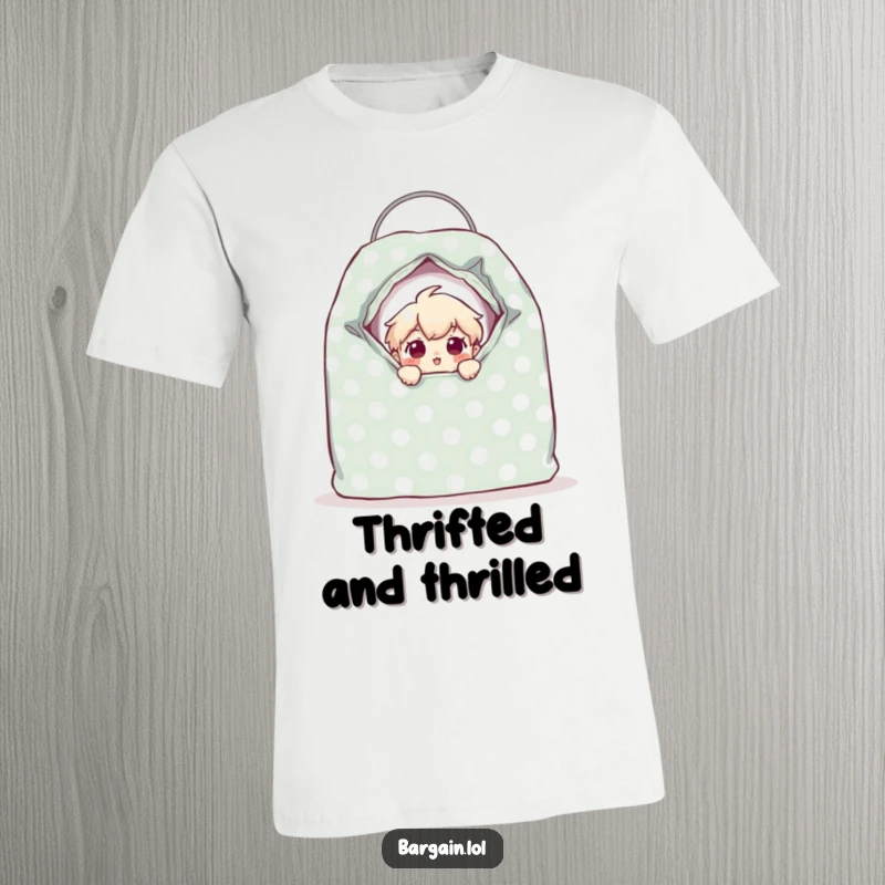 Funny tiny character peeking with wide eyes from a giant, polka-dotted thrift bag, expressing surprise on a humorous t-shirt.