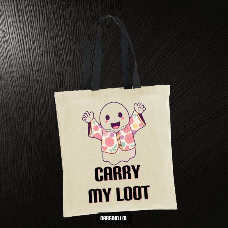 Funny kawaii ghost excitedly flaunting a wildly patterned vintage shirt, a stylish tote for carrying all your treasures.