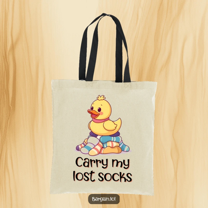 Funny tote bag with a rubber ducky gleefully balancing mismatched socks, perfect for carrying essentials with a touch of humor.