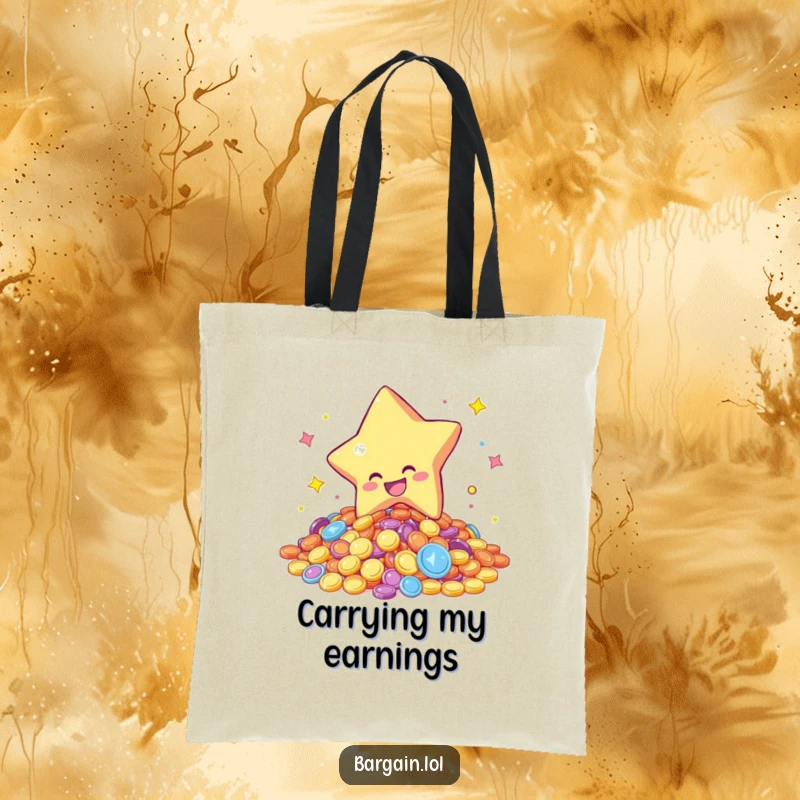 Funny tote bag featuring a star character gleefully diving into a pile of shimmering coins, perfect for carrying essentials with a touch of luck.