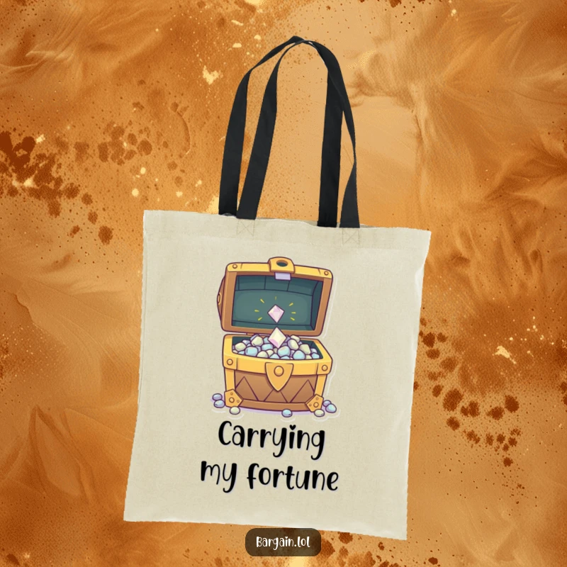 Funny tote bag featuring a sparkly gem tossed into an overflowing treasure chest, perfect for carrying goods with a touch of adventure.