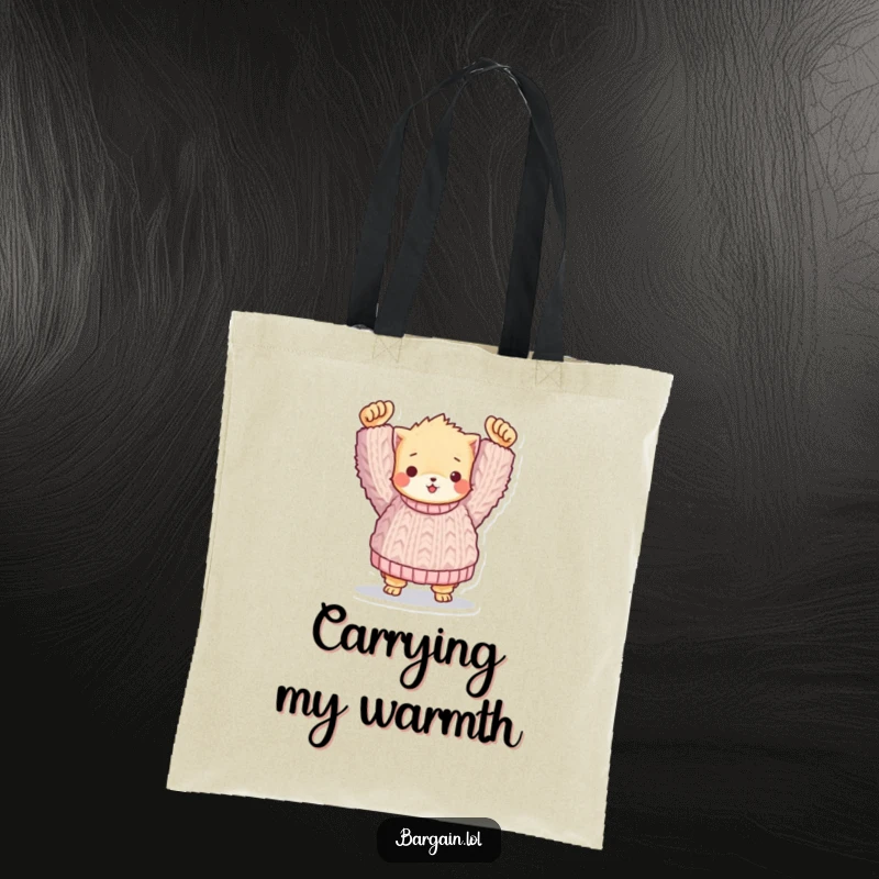 Funny tote bag: A little fuzzy creature proudly holding a giant knitted sweater, a humorous and shopper-friendly design.