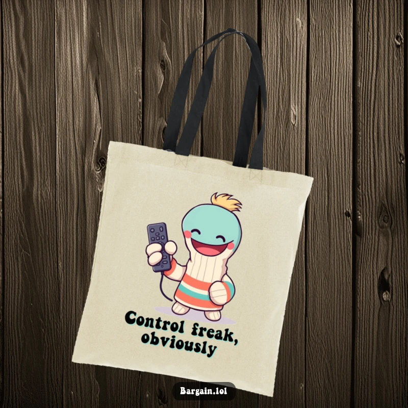 Funny sock puppet tote bag, triumphantly holding a lost remote control, practical and amusing, ideal everyday funny gift.