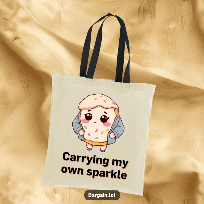 Funny tote bag with a bewildered donut character dwarfed by an oversized, sequined jacket, perfect for carrying items humorously.