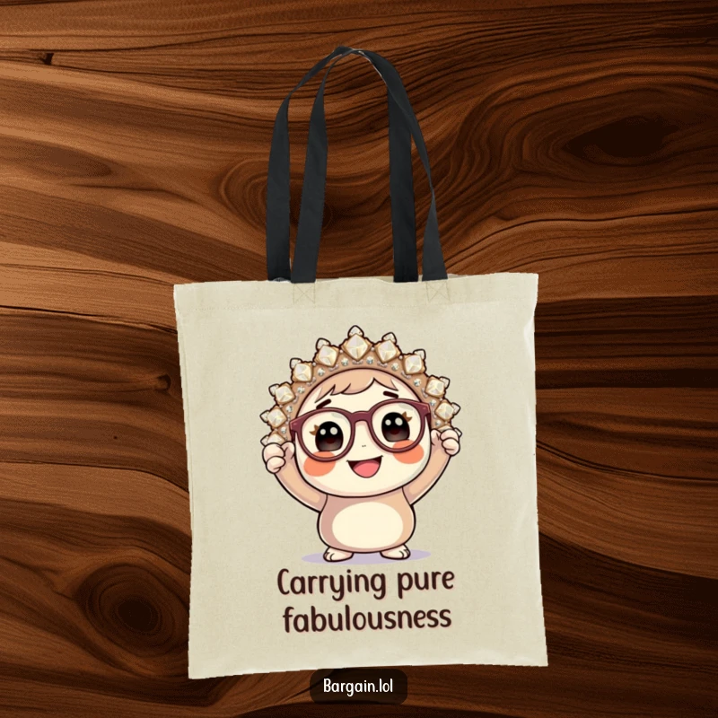 Funny tote bag, round character with glasses triumphantly holding a huge sparkly brooch, perfect for shopping.
