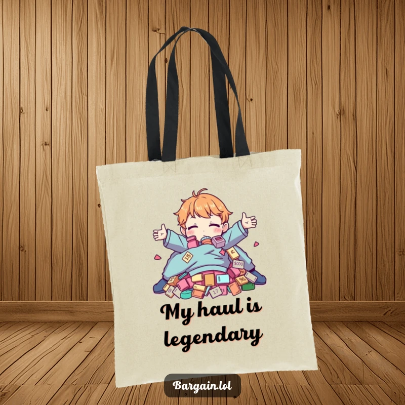 Funny Tote Bag: Character happily hugging a pile of absurd, discounted clothes, perfect for shopping trips.