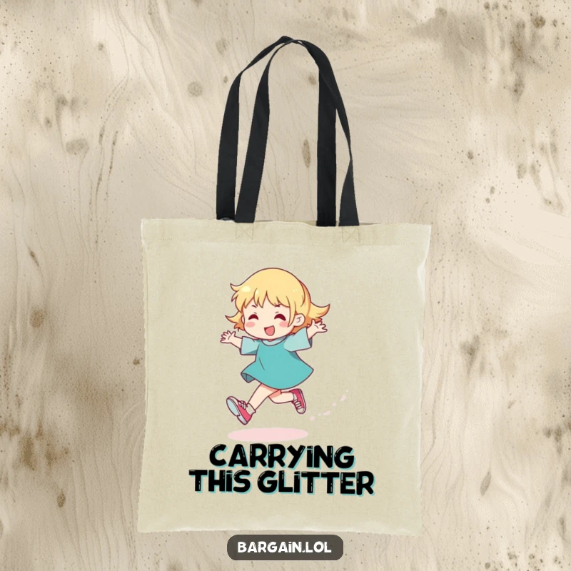 Funny tote bag showing a character skipping with a glitter trail and overlarge, sparkly shoes, perfect for carrying joy and essentials.