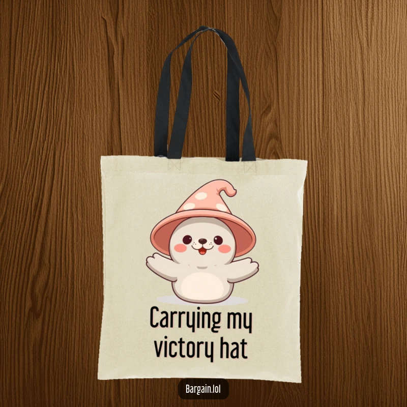 Funny Kawaii seal tote bag illustrating a seal proudly holding a huge, whimsical novelty hat, perfect for daily use.