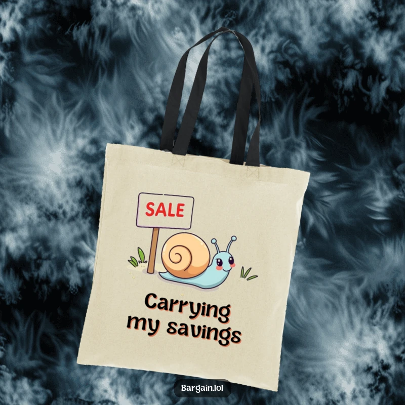 Funny Kawaii snail tote bag illustrating a snail happily rolling towards a sale sign, great for carrying shopping finds.