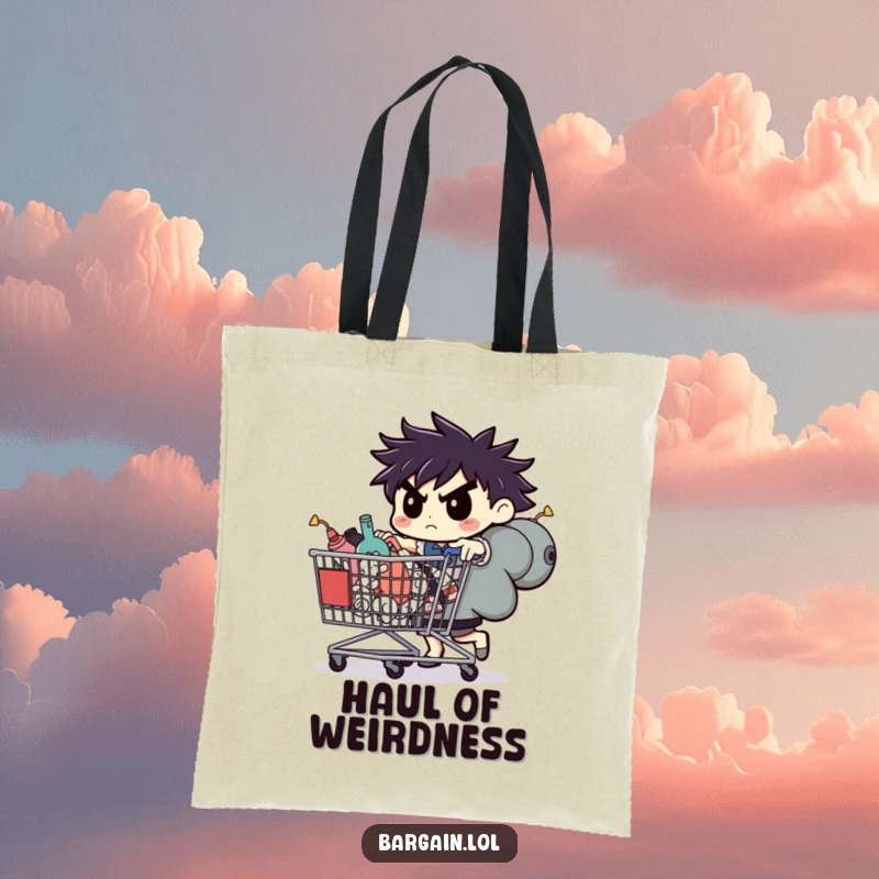 Funny tote bag, determined character pushing a huge shopping cart filled with oddities, perfect for haul.