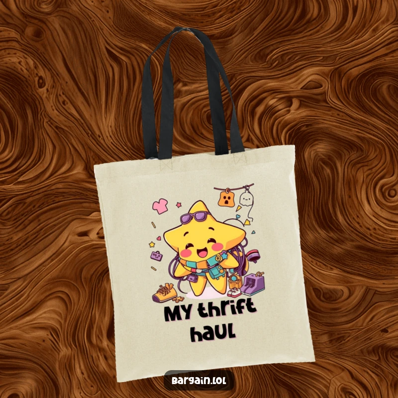 Funny tote bag showing a jolly star character tangled in a rainbow of various thrift store clothing and accessory items.