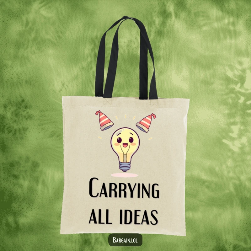 Funny surprised lightbulb tote bag, juggling three wobbly hats, symbol of multitasking, practical and amusing funny gift.