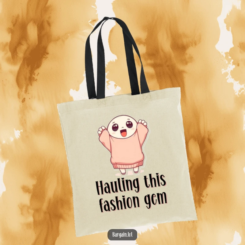 Funny round character with big eyes proudly holding a tattered, oversized sweater, printed on a tote bag for a humorous shopping accessory.
