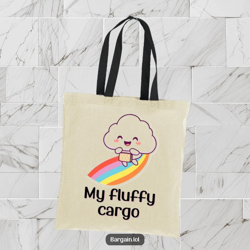 Funny tote bag illustrated with a smiling cloud character joyfully floating down a rainbow with a small patterned bag.