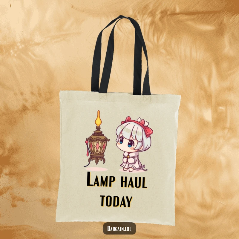 Funny tote bag with a character's curious head tilt examining a bizarre, ornate lamp, perfect for carrying intriguing discoveries.