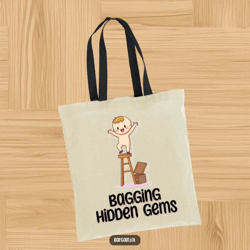 Funny Tote Bag: A happy cartoon character balances precariously on a stool, stretching to claim a hidden treasure box.