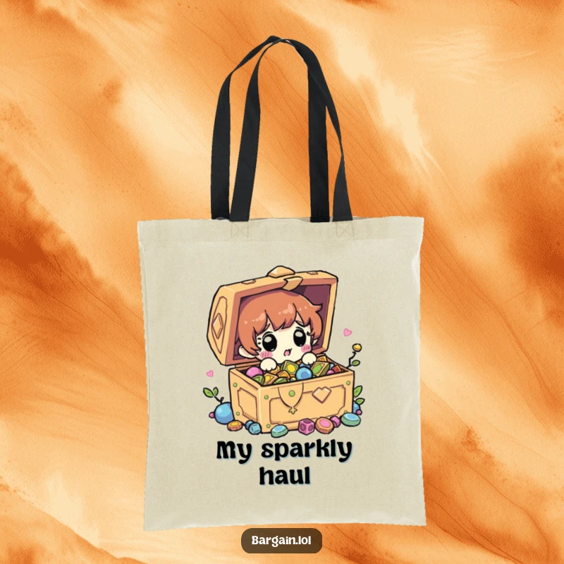 Funny tote bag with a character looking surprised at a treasure chest overflowing with shiny trinkets. Practical and humorous. Excellent gift.