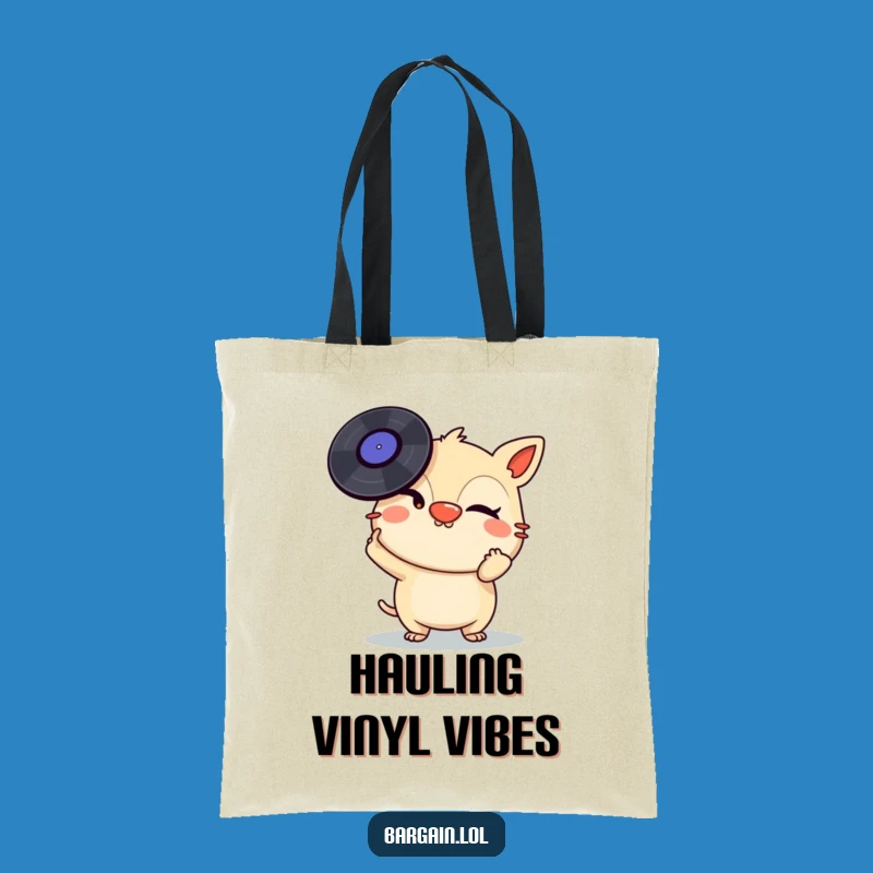 Funny Vinyl Tote Bag: Mischievous Creature Balancing Records - Music Carry-All Gift