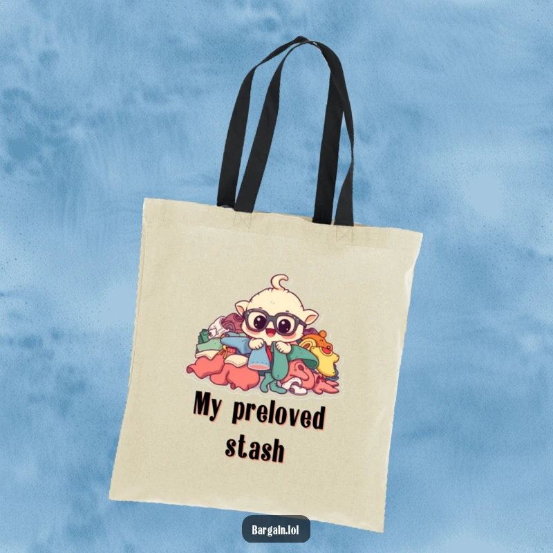 Funny tote bag showcasing a whimsical creature with oversized glasses, digging enthusiastically into a heap of garments.