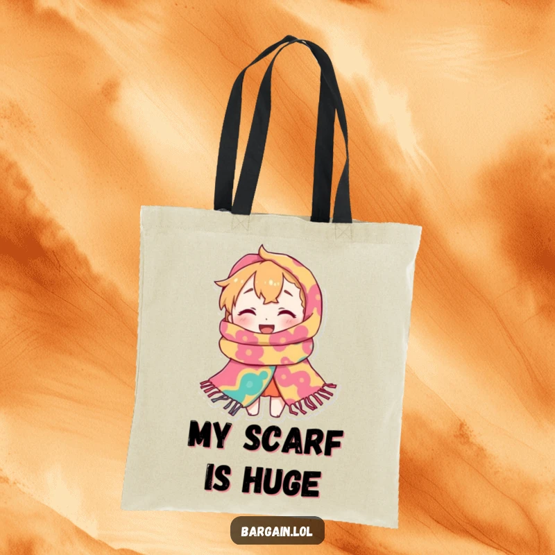 Funny Tote Bag: A tiny character comically disappears within a ridiculously oversized, brightly patterned scarf, a humorous sight.
