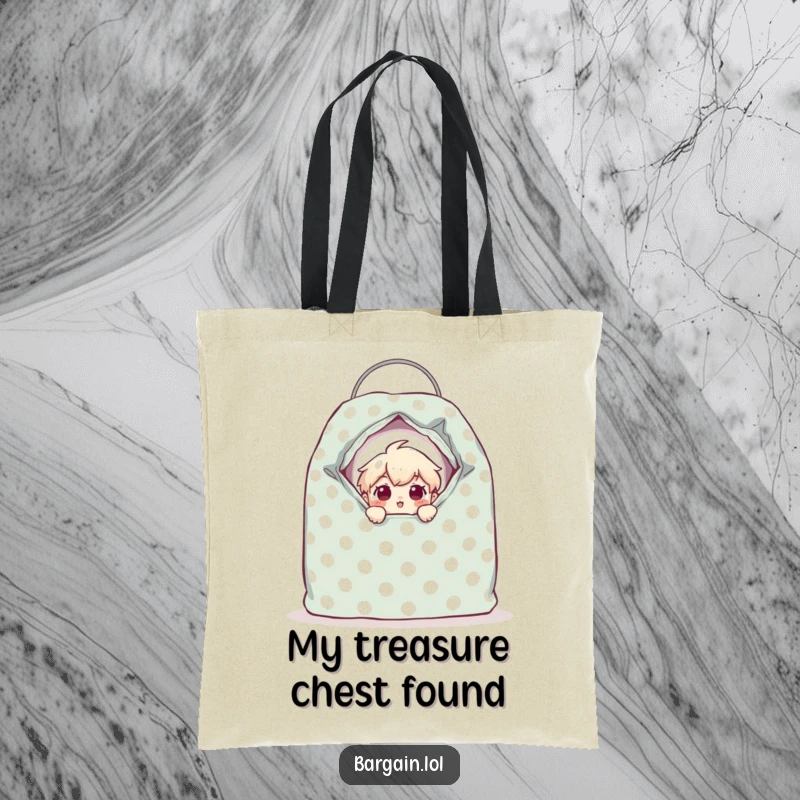 Funny tiny character peeking out of a giant polka-dotted thrift bag with a surprised expression, printed on a tote bag.