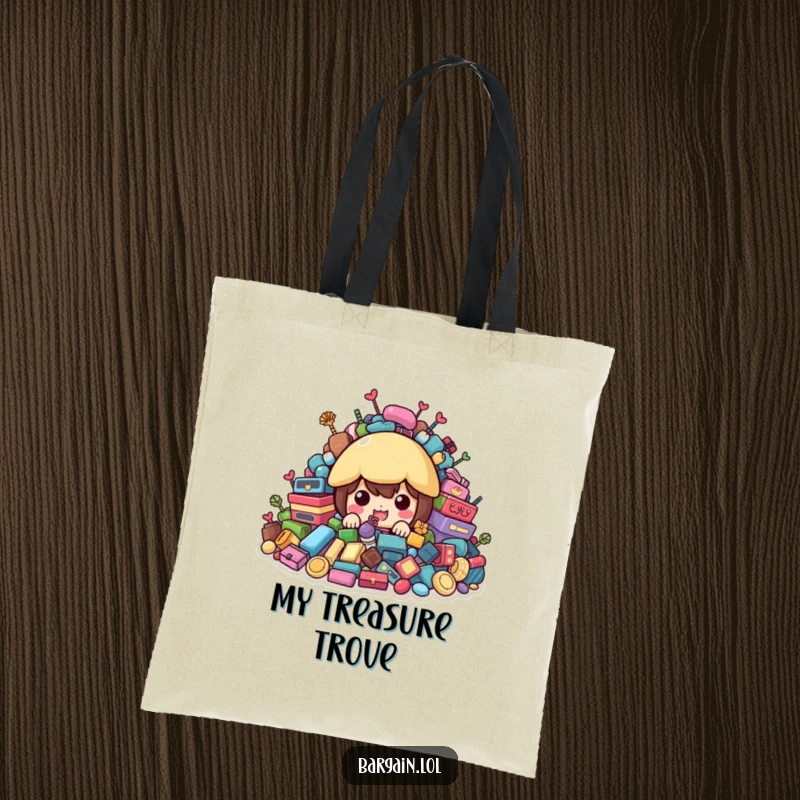 Funny Tote Bag: Character peeking from behind colorful second-hand treasures, ideal for shoppers.